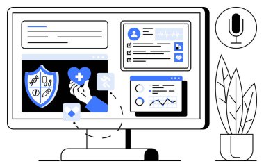 Sağlık verilerini, tıbbi sembolleri, kullanıcı profilini ve analitik çizelgeleri gösteren bilgisayar monitörü. Sağlık teknolojisi, sağlık konsolu, teletıp, dijital analizler, modern tıbbi hizmetler için ideal