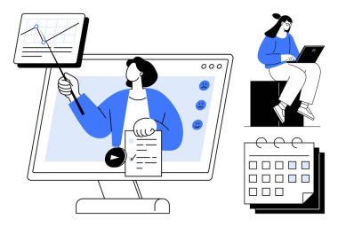 Ekranda veri analizi sunan kişi, dizüstü bilgisayarlı izleyici, takvim renklendirme organizasyonu. Çevrimiçi eğitim, proje yönetimi, sanal toplantılar, zaman yönetimi, veri analizi için ideal