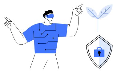 VR kulaklık takan, devre çizgileri olan mavi gömlekli, yukarı bakan bir adam. Kilit ikonlu dijital yaprak ve kalkan. Teknoloji, yenilik, güvenlik, dijital etkileşim, doğa-teknoloji dengesi için ideal