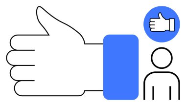 Mavi başparmağın ve kullanıcı figürünün yanında büyük baş parmak hareketi onay, geri bildirim veya sosyal etkileşimi iletir. İletişim, pozitiflik, anlaşma, sosyal medya ve destek için ideal