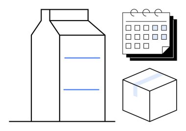 Takvim ve küp kutusunun yanında süt kutusu çizelgesi, ambalaj, ürün yönetimi, tedarik zinciri, lojistik, organizasyon, zaman yönetimi. Gıda endüstrisi için ideal, basit bir daire planlamak.