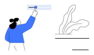 Etkileşimli dokunmatik arayüze bağlanan kişi basit saksı tasarımının yanındaki çubuk elementi işaret ediyor. Teknoloji, arayüz, kullanıcı etkileşimi, üretkenlik, minimalizm, yenilik için ideal