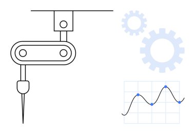 Robotik kol ve alet hassasiyet görevi, soyut dişliler yeniliği simgeliyor, çizgi grafik veri analizini temsil ediyor. Otomasyon, robot bilimi, teknoloji, imalat, yenilik için ideal
