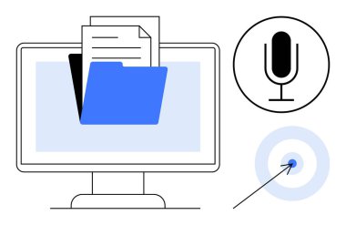 Açık klasör, belgeler, mikrofon ve oklu hedef simgesi olan bilgisayar monitörü. Organizasyon, iş akışı, iletişim, odaklanma, multimedya, teknoloji sade iniş sayfası için ideal