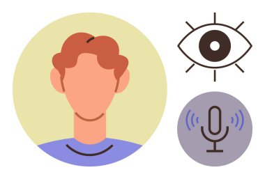 Profilde kızıl saçlı soyut bir yüz, görüşü temsil eden bir göz ve sesi temsil eden bir mikrofon. İletişim, teknoloji, erişilebilirlik, kimlik, multimedya, uzaktan çalışma için ideal