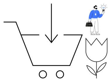 Aşağı bakan oklu alışveriş arabası, profesyonel fikir ampule, lale çiçeği motifi. Yenilik için ideal, çevrimiçi alışveriş, çevre dostu iş, yaratıcılık, büyüme, modern minimalizm basit düz