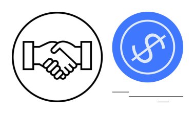 Bir tokalaşma ve bir dolar işaretinin iki sağlam görüntüsü işbirliği ve para transferi demektir. İş, finans, anlaşma, yatırım, ortaklık, ticaret, pazarlık için idealdir. Basit bir daire.