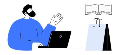 Yanında bir alışveriş çantası ve açık bir kitapla dizüstü bilgisayar kullanan bir adam. Çalışma, eğitim, e-ticaret, çevrimiçi alışveriş, uzaktan iletişim, çoklu görev, düz metafor