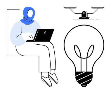 Başörtüsü dizüstü bilgisayar kullanan bir kadın, yenilik için büyük bir ampul, eşitlik için dengeli bir ölçek. Eğitim, yaratıcılık, teknoloji, yenilik, yasal eşitlik için idealdir. Basit düz