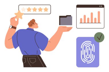 Yanında bir yıldız ve klasör tutan, bar haritası analizi ve parmak izi tanımlaması olan biri. Derecelendirme sistemleri, veri analizleri, kullanıcı kimlik denetimi, dijital güvenlik, geri besleme mekanizmaları için ideal