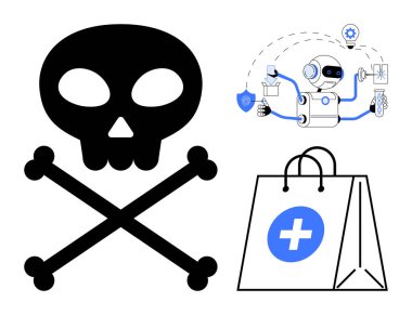 Siber güvenlik verilerini yöneten robotun yanında büyük kafatası ve çapraz kemikler, bulut depolama ve alışveriş torbası tarafından temsil edilen tıbbi kolaylık. Uyarılar, yapay zeka etiği, güvenlik ve sağlık hizmetleri için ideal