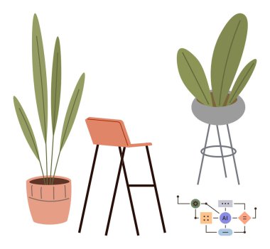 Uzun yeşil yapraklı saksı bitkileri, minimalist turuncu koltuklar, yapay zeka çalışma şemaları. İç tasarım, eko-yaşam tarzı, teknoloji, yenilik, doğa, ev dekorasyonu için ideal basit düz metafor