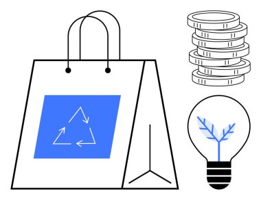 Geri dönüşüm işaretli çevre dostu alışveriş torbası ekonomiyi sembolize eden bozuk para yığını ve yeşil enerji için yapraklı ampul. Geri dönüşüm, sürdürülebilirlik, yeşil teknoloji, enerji verimliliği için ideal