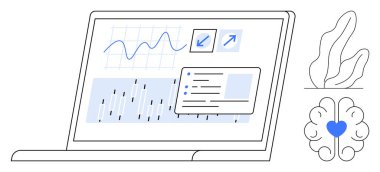 Laptop grafikleri, grafikleri ve veri arayüzünü gösterir. Kalbi olan beyin, insan-teknoloji dengesini temsil eder. Teknoloji, analiz, yenilik, farkındalık, yaratıcılık sağlık hizmetleri için ideal