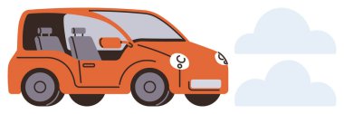 Portakal rengi kompakt araba kullanımı, bulutlarla çevrili, ulaşımı temsil eden, çevre dostu seyahat, özgürlük, yenilik, şehir içi yolculuk, sürdürülebilirlik ve modern verimliliği temsil eden. Basit bir düz metafor.