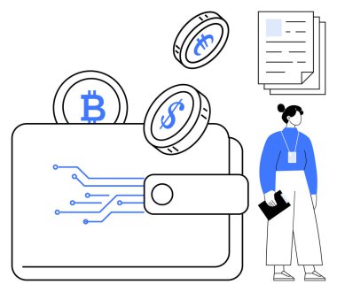 Devre çizgileri, dolar ve Bitcoin işaretleri, belgeler ve elinde pano tutan profesyonel bir kadın olan dijital para birimleri. Engelleme zinciri, finans, yatırım için ideal