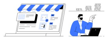 Çizgili tentenin altında ürün listeleri olan bir çevrimiçi mağazayı gösteren bir dizüstü bilgisayar. Bir dizüstü bilgisayar üzerinde çalışırken fikirlere profesyonel jestler yapar. E-ticaret, işletme yönetimi ve pazarlama için ideal