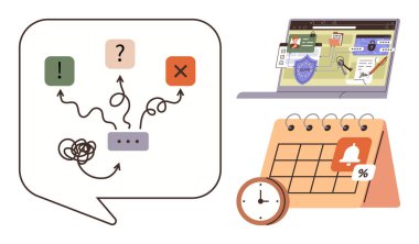 Karar yollu konuşma balonu, öncelikli işaretler, çevrimiçi güvenlik unsurları olan laptop ekranı ve saati olan bir takvim. Planlama, teslim tarihi, verimlilik ve öncelikler için ideal