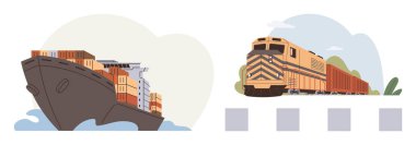 Su üzerindeki büyük konteynır gemisi ve kargo hareketini vurgulayan raylardaki yük treni. Lojistik, ulaşım, tedarik zinciri, ithalat, ihracat, ticaret, küresel ticaret için ideal. Basit düz