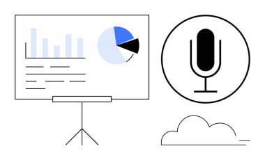 Bar çizelgesi, pasta grafiği ve metin olan sunum panosunun yanındaki mikrofon. İletişim, podcast, webinarlar, çevrimiçi öğrenme, sunumlar, analitik basit iniş sayfası için ideal
