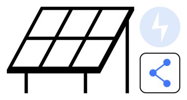 Güneş paneli elektrik sürgüsü ve bağlantı simgelerinin yanında enerji üretiyor. Yenilenebilir enerji, yeşil çözümler, çevre dostu teknoloji, sürdürülebilirlik, yenilik, dijital bağlantı, basit