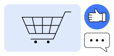 Onaylama, geri bildirim, iletişim, e-ticaret, kullanıcı etkileşimi, ürün değerlendirmesi ve müşteri memnuniyetini sembolize eden bir konuşma balonunun yanında alışveriş arabası. Çevrimiçi mağaza için ideal