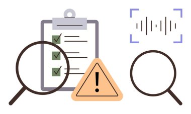 Büyüteç yeşil kontrollü ve uyarı işaretli kontrol listesine odaklanıyor, ses dalgası analizi. Değerlendirme, uyum, kalite kontrol, araştırma, tehlike tespit, problem çözme, basit