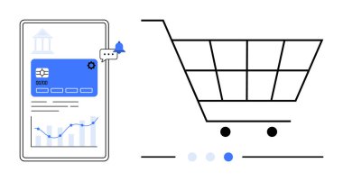 Haritalarla mobil bankacılık arayüzü ve grafik alışveriş arabasının yanındaki uyarı zili. E-ticaret, finansal uygulamalar, bankacılık, analitik, mobil ödeme, çevrimiçi perakende, basit iniş için ideal