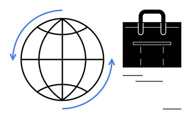 Küresel hareketi temsil eden yönelimli oklarla dolu bir dünya bir iş çantasının yanında. Ticaret, ihracat, ekonomi, kurumsal stratejiler, dünya çapında iş erişimi, liderlik, küresel
