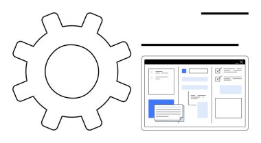 Liste, kontrol işareti ve kutular da dahil olmak üzere görev yönetimi ögelerinin kullanıcı arayüzü düzeninin yanındaki büyük teçhizat. Teknoloji, otomasyon, üretkenlik, iş akışı, yazılım geliştirme, sistem için ideal