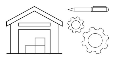 İstiflenmiş kutuları olan bir depo, işlemleri sembolize eden vitesler ve planlama için bir kalem. Depolama, lojistik, tedarik zinciri, iş stratejisi, verimlilik, basit iniş sayfası üretmek için ideal