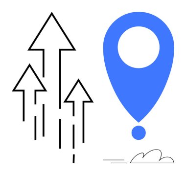 Yukarı doğru siyah oklar ve büyümeyi, başarıyı, navigasyonu, başarıyı, yeniliği, hareketi ve teknolojiyi sembolize eden mavi bir yer belirleme iğnesi. İlerleme için ideal, kılavuz yol haritalama