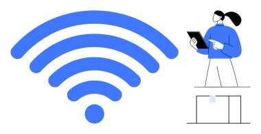 Büyük mavi kablosuz sembol. Kapıda tablet tutan bir kadın var. Teknoloji, iletişim, ağ, internet, iş, eğitim, basit iniş sayfası için ideal