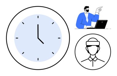 Saat dakikliği temsil ediyor, masadaki adam özgüvenle işaret ediyor, baş silueti sanal gerçeklik kulaklığı takıyor. Üretkenlik, yenilik, liderlik, teknoloji, planlama, vizyon sahibi için ideal