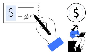 El yazısı, dolar madeni para ikonu, dizüstü bilgisayarı olan kadın finans, bankacılık, çevrimiçi ödemeler, bütçe, işlem, finansal eğitim kişisel finansman. Basit düz metafor