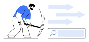 Adam kazmayla yere vuruyor, ileri oklar kararlılık ve odaklanmayı gösteriyor. Yenilik, çaba, gelişme, ilerleme, büyüme, arama, basit iniş sayfası için ideal