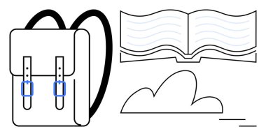 Tokalı sırt çantası, sayfaları akan açık kitap ve minimum bulut. Eğitim, bilgi, seyahat, yaratıcılık, keşif gelişimi için idealdir. Temiz ve basit düz metafor