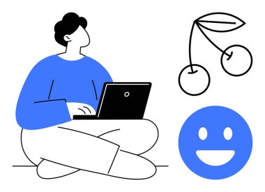 Bacak bacak üstüne atmış, dizüstü bilgisayar kullanmış, etrafı kirazlarla çevrili ve gülümseyen bir yüz. Üretkenlik, teknoloji, sağlık, pozitiflik, yaratıcılık, uzaktan iniş sayfası için ideal