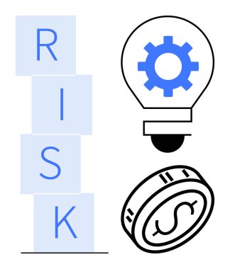 Risk blokları dikey olarak istiflenmiş, ampulde dişliler yeniliği simgeliyor ve maddi sonuçları simgeliyor. İş stratejisi, yenilik, finans, yaratıcılık, karar verme mekanizması için ideal
