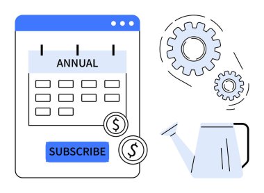 Yıllık sekme takvimi, abonelik düğmesi, sistemi temsil eden dişliler, değer için bozuk paralar, sulama büyüme anlamına gelebilir. İş modeli, abonelik ekonomisi, planlama, büyüme stratejisi için ideal