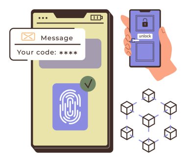 Akıllı telefon ekranı biyometrik doğrulamayı ve OTP 'yi gösteriyor. Telefonun kilidini aç ve kilidi aç. Birbirine bağlı engeller. Siber güvenlik, kimlik doğrulama, engelleme zinciri ve veri şifreleme için ideal