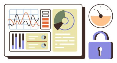 Analiz, performans, güvenlik ve izleme için grafikler, grafikler, göstergeler ve kilit simgesi içeren veri paneli. İş ve teknoloji performansı için ideal siber güvenlik veri analizi