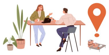 İki iş arkadaşı bir masada dizüstü bilgisayar ve kahveyle fikirleri tartışıyor, etrafı saksı bitkileri, lojistik unsurlar ve büyük bir lojistik broşla çevrili. İşbirliği, takım çalışması ve beyin fırtınası için ideal.