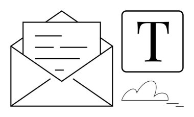 Zarfın içindeki harf, kare yazı tipi, küçük karalama elementleri. İletişim, mesajlaşma, yazma, yazışma, e-posta pazarlaması, metin paylaşımı için ideal basit düz metafor