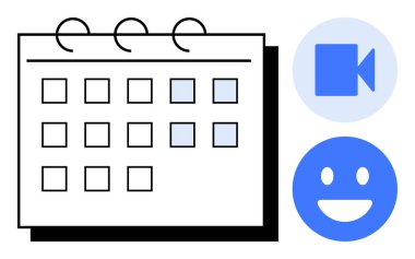 Vurgulanmış tarihli takvim ızgarası, mavi bir video çağrı simgesi ve etkinlik planlama, takım çalışması, teslim tarihleri, toplantılar, zaman yönetimi ve verimliliği sembolize eden mutlu bir yüz. Zamanlama için ideal
