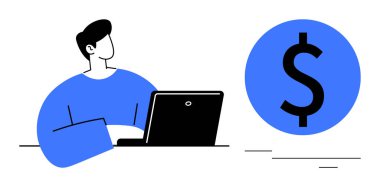 Masada oturan kişi, önemli bir dolar işaretinin yanında dizüstü bilgisayar kullanıyor. Finans, ekonomi, iş planlaması, çevrimiçi çalışma, serbest çalışma, dijital pazarlama, girişimcilik için idealdir. Basit düz