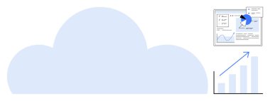 Bulut ögesi, veri analizi gösterge tablosu, pasta grafiği, çizgi grafiği, büyüme çubuğu grafiği, yukarı doğru ok. Teknoloji, bulut hesaplama, analitik iş büyümesi veri görselleştirme performansı için ideal