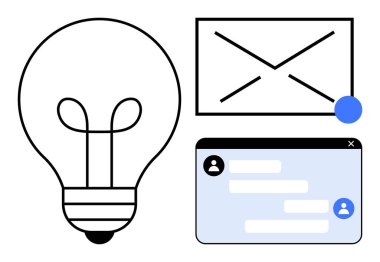 Ampul, mavi uyarı noktalı zarf simgesi ve fikirleri, yeniliği, iletişimi ve dijital etkileşimi temsil eden sohbet penceresi. E- posta, takım çalışması ve beyin fırtınası için ideal