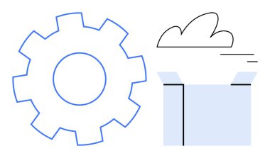 Bir konteynırın üzerindeki bulutun yanında depolama, işleme ve bağlantıyı simgeleyen bir vites. Teknoloji, bulut hesaplama, bütünleşme, organizasyon, otomasyon verileri için ideal