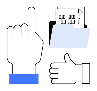 Dizindeki ikili verilere ve başparmak hareketi veri erişimini, onayını ve kullanıcı etkileşimini yansıtır. Teknoloji, uygulamalar, kodlama, eğitim, arayüz tasarımı için ideal basit etkileşim